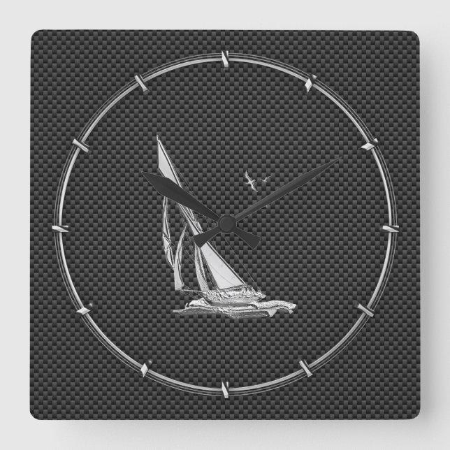 Chrome Like Sailboat on Carbon Fibre Square Wall Clock (Front)