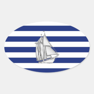Chrome Like Sailboat on Nautical Stripes Oval Sticker
