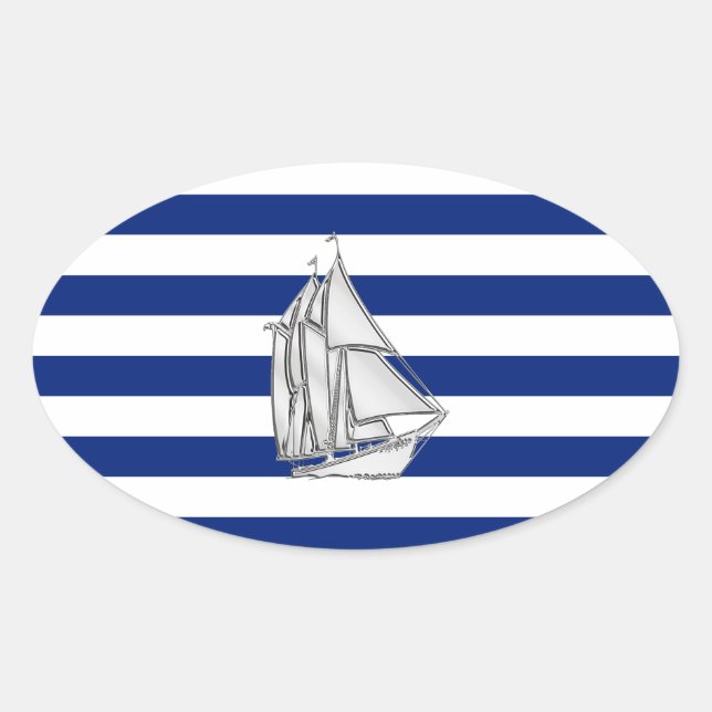 Chrome Like Sailboat on Nautical Stripes Oval Sticker (Front)