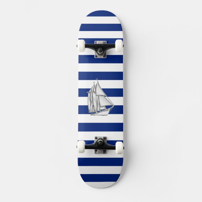 Chrome Like Sailboat on Nautical Stripes Skateboard (Front)