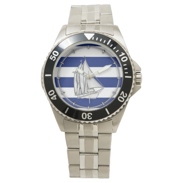Chrome Like Sailboat on Nautical Stripes Watch (Front)
