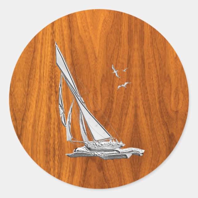 Chrome Like Sailboat on Teak Veneer Classic Round Sticker (Front)