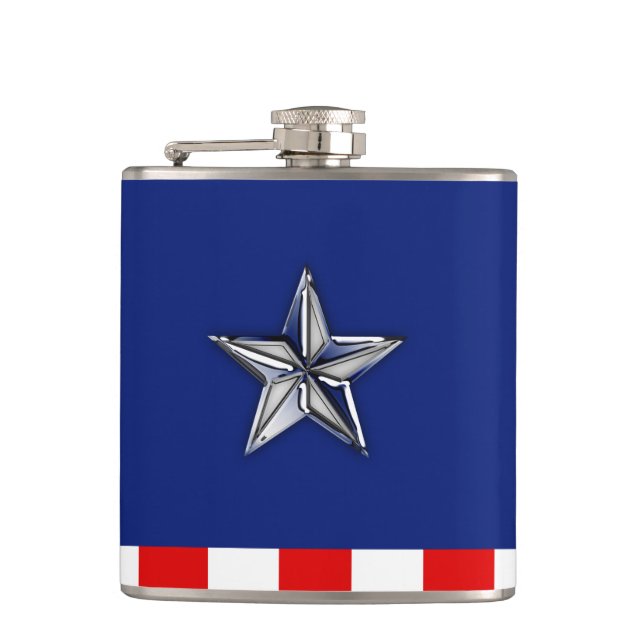 Chrome Like Silver Star Festive Patriotic Colours Hip Flask (Front)