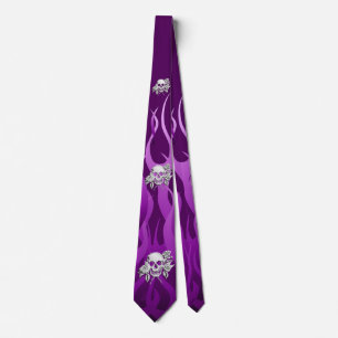 Chrome Like Skull and Roses Purple Racing Flames Tie