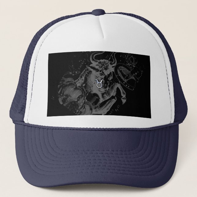 Chrome like Taurus Zodiac on Hevelius Black Trucker Hat (Front)