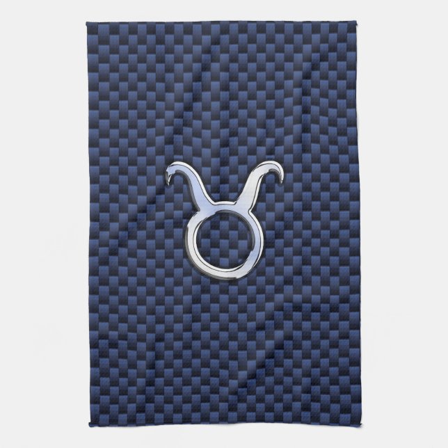 Chrome Like Taurus Zodiac Sign Blue Carbon Print Tea Towel (Vertical)