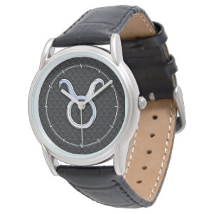 Chrome Like Taurus Zodiac Sign on Black Snake Skin Watch