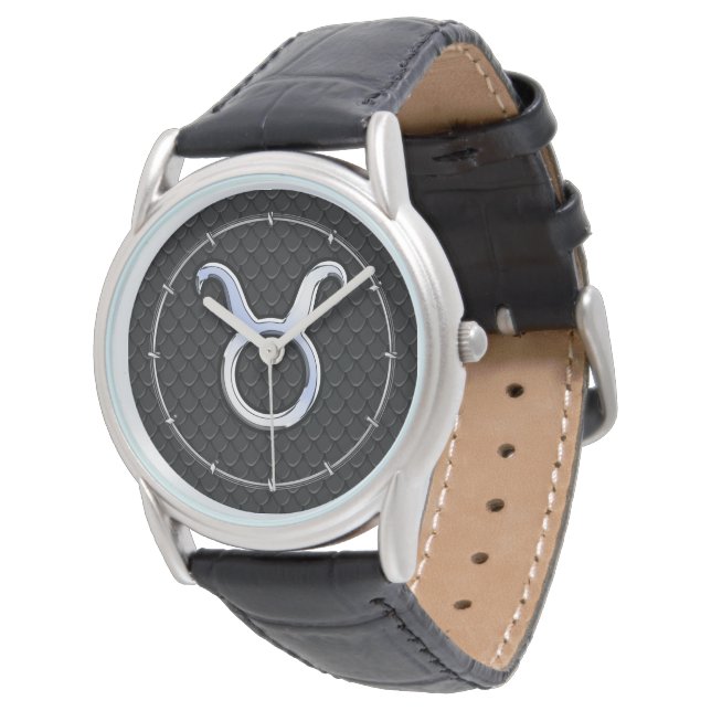 Chrome Like Taurus Zodiac Sign on Black Snake Skin Watch (Angled)
