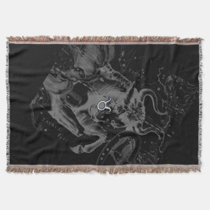 Chrome like Taurus Zodiac Sign on Hevelius Black Throw Blanket