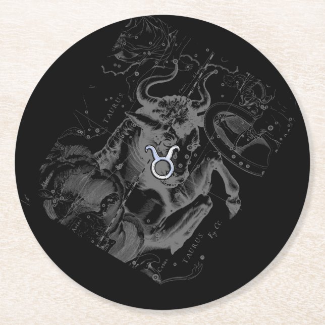 Chrome like Taurus Zodiac Sign on Hevelius Round Paper Coaster (Front)