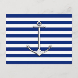 Chrome Like Thin Anchor on Nautical Stripes Postcard