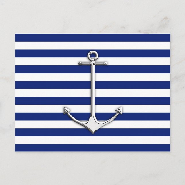 Chrome Like Thin Anchor on Nautical Stripes Postcard (Front)