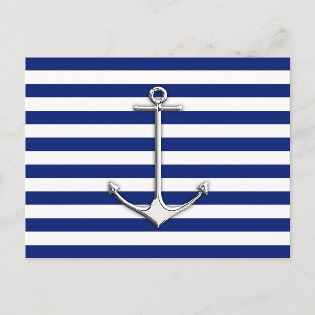 Chrome Like Thin Anchor on Nautical Stripes Postcard (Front)