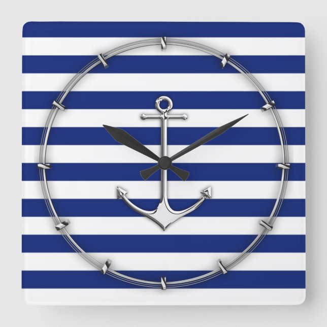 Chrome Like Thin Anchor on Nautical Stripes Square Wall Clock (Front)