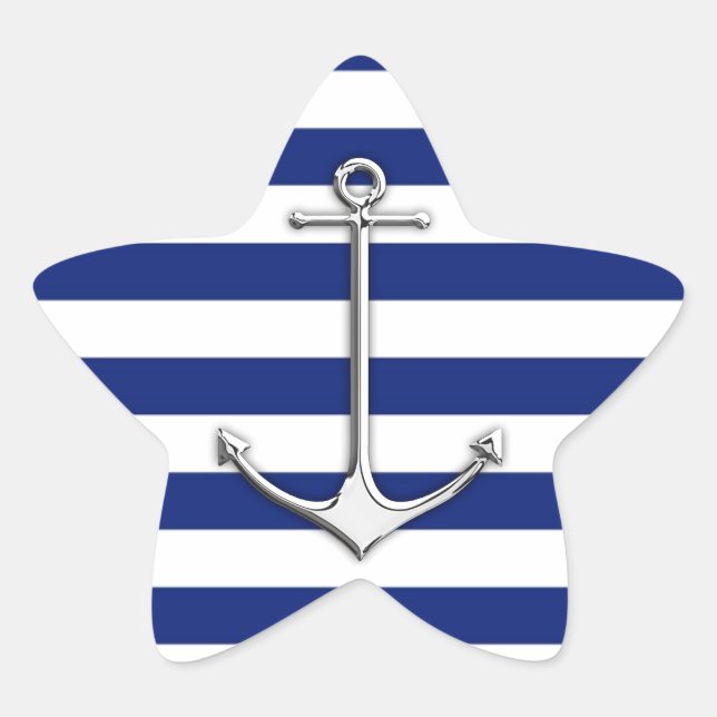 Chrome Like Thin Anchor on Nautical Stripes Star Sticker (Front)