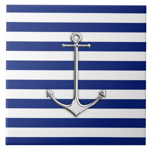 Chrome Like Thin Anchor on Nautical Stripes Tile (Front)