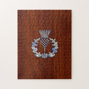 Chrome Like Thistle on Mahogany Wood Style Jigsaw Puzzle