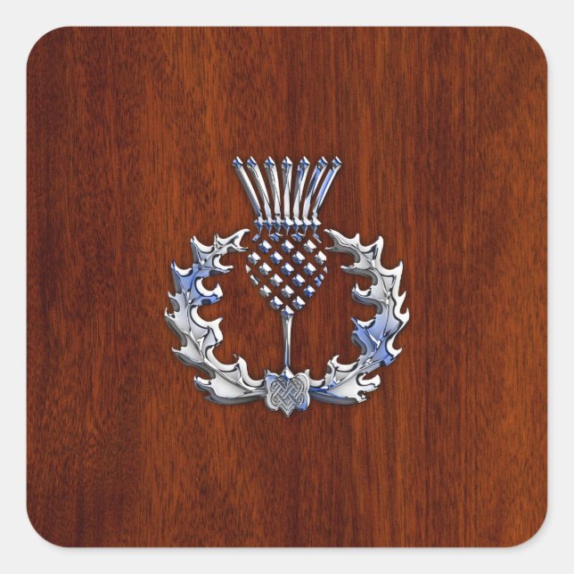 Chrome Like Thistle on Mahogany Wood Style Square Sticker (Front)