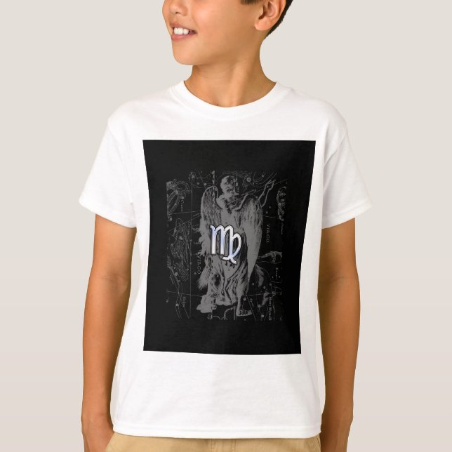Chrome like Virgo Zodiac Sign on Black Hevelius T-Shirt (Front)
