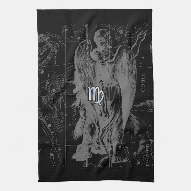 Chrome like Virgo Zodiac Sign on Black Hevelius Tea Towel (Vertical)