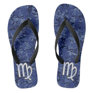 Chrome Like Virgo Zodiac Sign on Blue Digital Camo Flip Flops