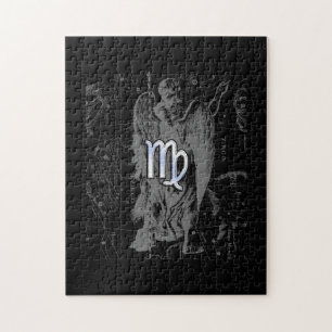 Chrome like Virgo Zodiac Sign on Hevelius in Black Jigsaw Puzzle