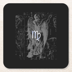 Chrome like Virgo Zodiac Sign on Hevelius in Black Square Paper Coaster