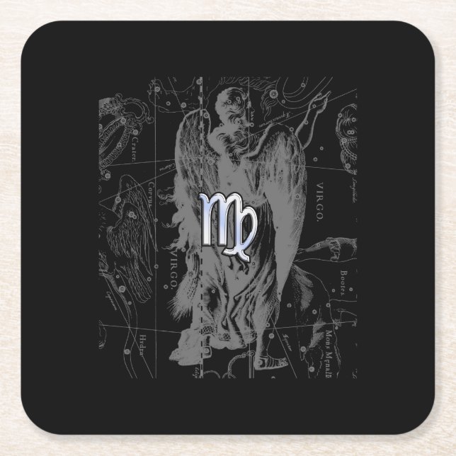Chrome like Virgo Zodiac Sign on Hevelius in Black Square Paper Coaster (Front)