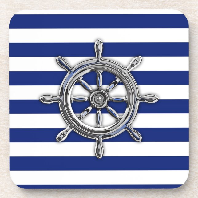 Chrome Like Wheel on Nautical Stripes Coaster (Front)