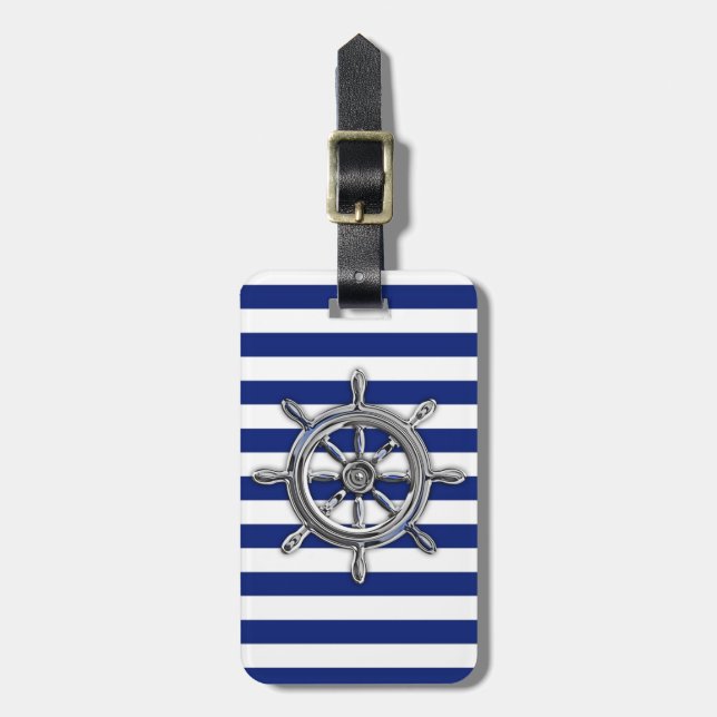 Chrome Like Wheel on Nautical Stripes Luggage Tag (Front Vertical)