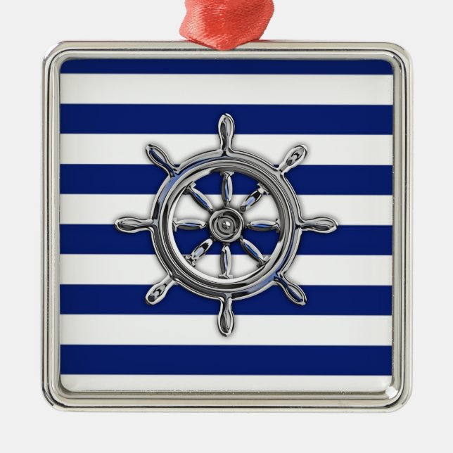 Chrome Like Wheel on Nautical Stripes Metal Tree Decoration (Front)