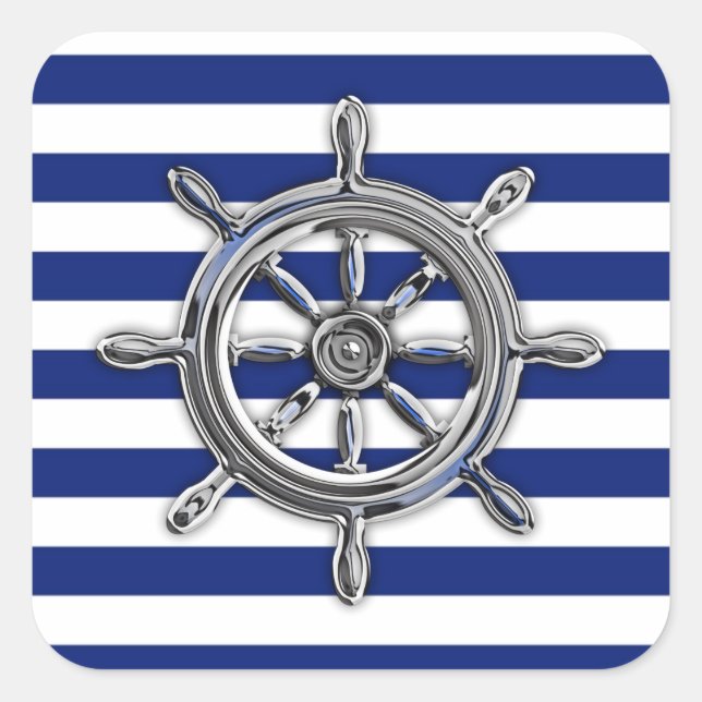 Chrome Like Wheel on Nautical Stripes Square Sticker (Front)