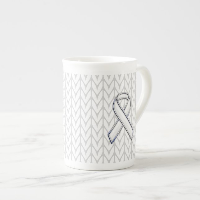 Chrome Like White Knit Ribbon Awareness Print Bone China Mug (Front Right)
