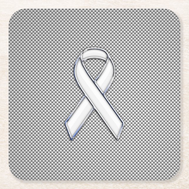 Chrome Like White Ribbon Awareness Carbon Fibre Square Paper Coaster (Front)
