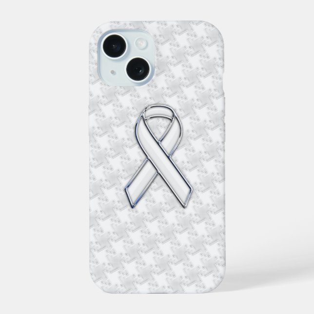 Chrome Like White Ribbon Awareness Houndstooth iPhone 15 Case (Back)