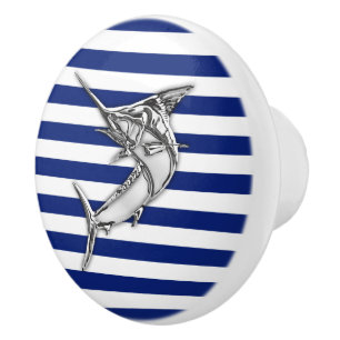 Chrome Marlin Fish on Nautical Navy Stripes Print Ceramic Knob