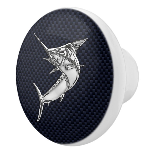 Chrome Marlin Fish on Navy Carbon Fibre Print Ceramic Knob (Right)