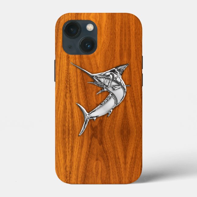 Chrome Marlin Fish on Teak Veneer Print Case-Mate iPhone Case (Back)