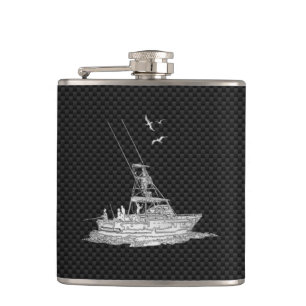 Chrome Marlin Fishing Boat on Carbon Fibre Print Hip Flask