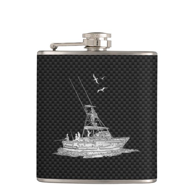 Chrome Marlin Fishing Boat on Carbon Fibre Print Hip Flask (Front)
