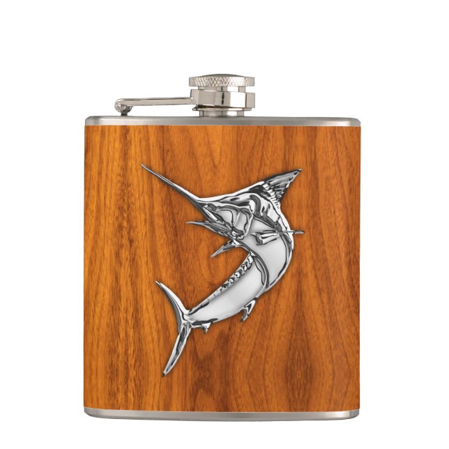 Chrome Marlin on Teak Print Hip Flask (Front)