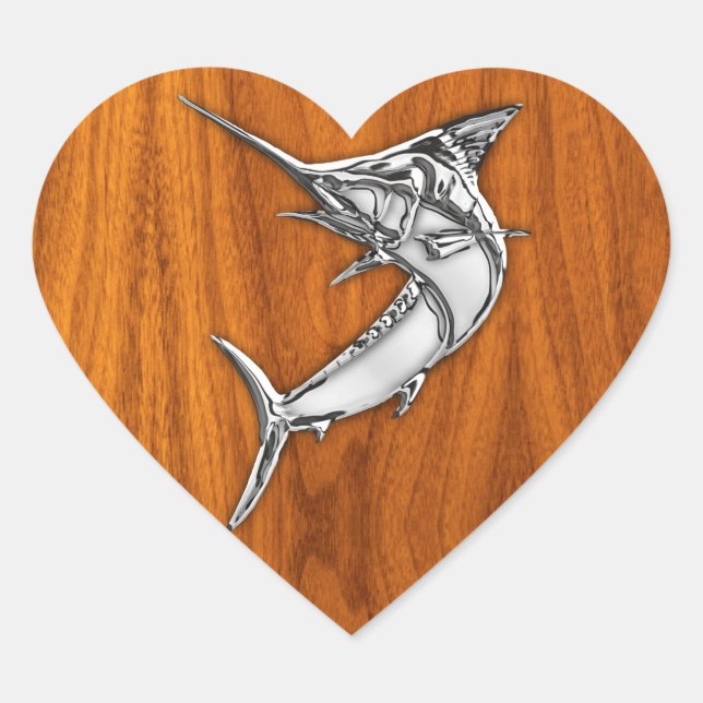 Chrome Marlin on Teak Wood Heart Sticker (Front)