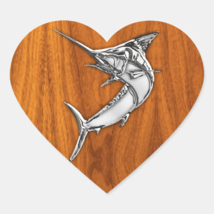 Chrome Marlin on Teak Wood Heart Sticker