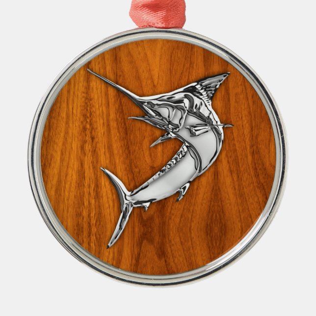 Chrome Marlin on Teak Wood Metal Tree Decoration (Front)