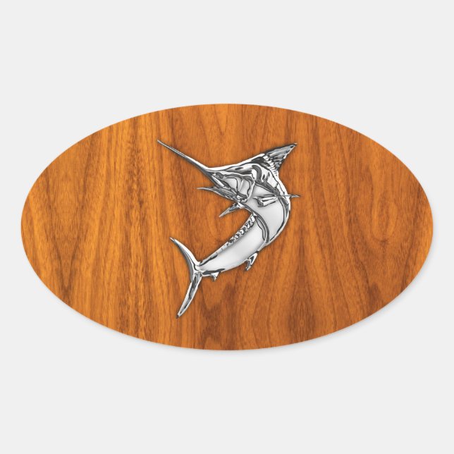 Chrome Marlin on Teak Wood Oval Sticker (Front)