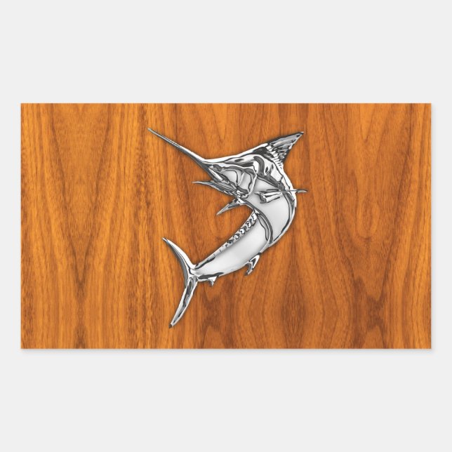 Chrome Marlin on Teak Wood Rectangular Sticker (Front)