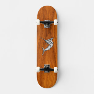 Chrome Marlin on Teak Wood Skateboard