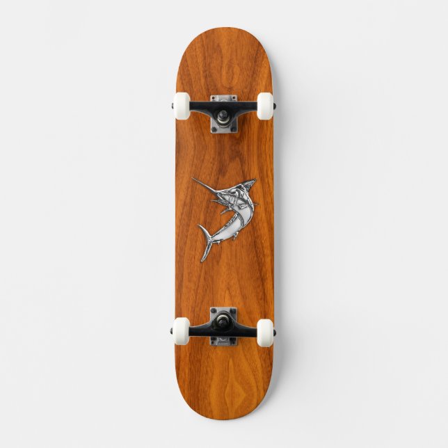 Chrome Marlin on Teak Wood Skateboard (Front)