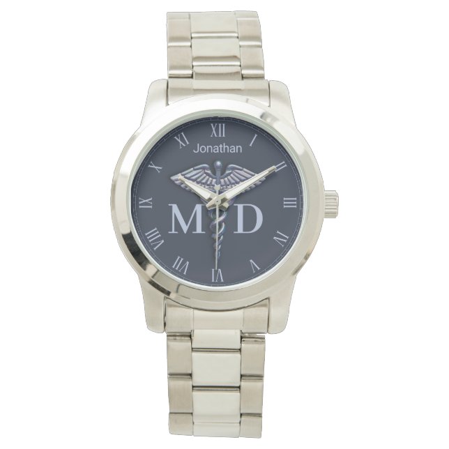 Chrome Medical Caduceus Dark Name Medical Doctor Watch (Front)