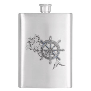 Chrome Mermaid Nautical Print Hip Flask
